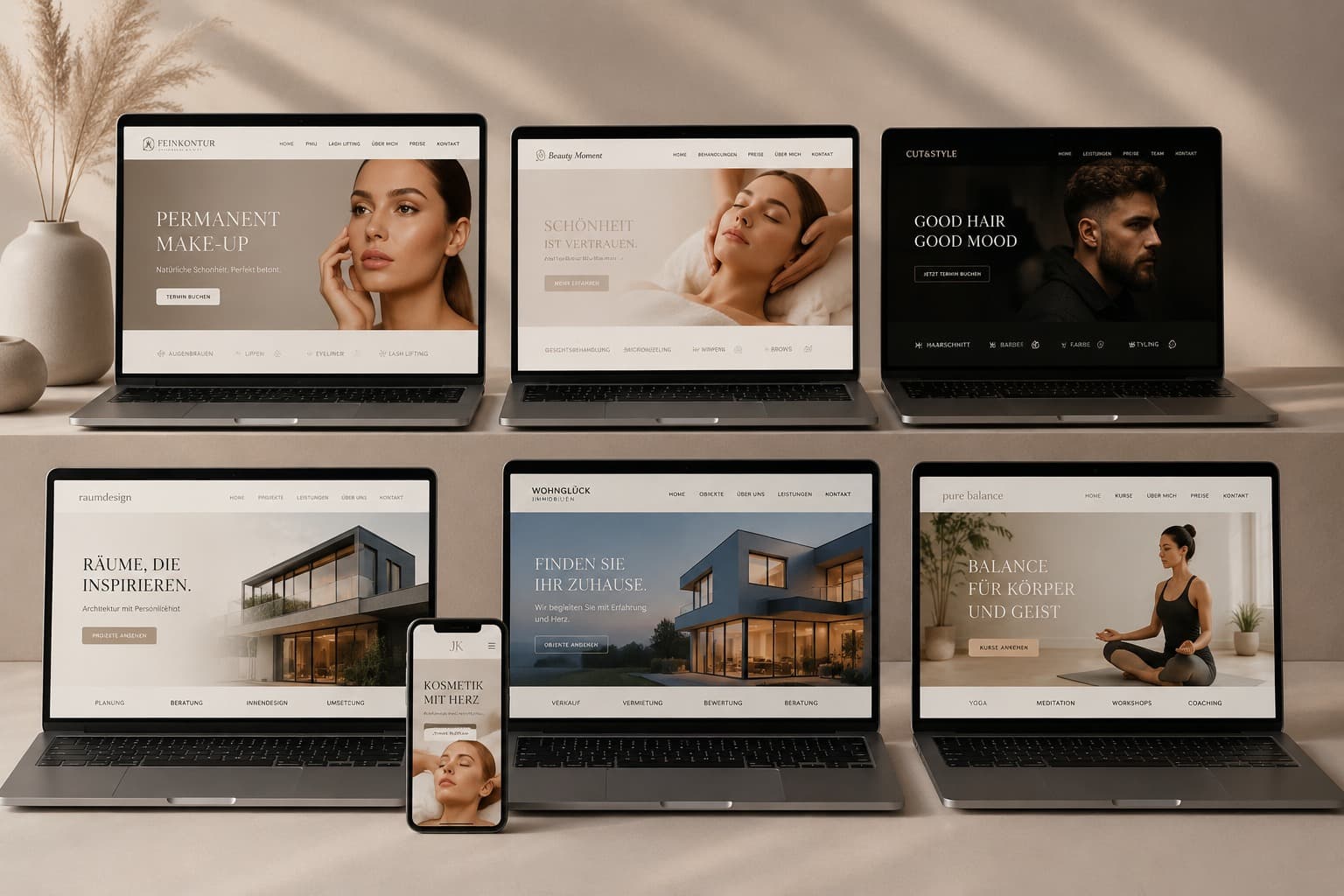 Professionelles Webdesign — moderne, responsive Websites auf mehreren Laptops und einem Smartphone